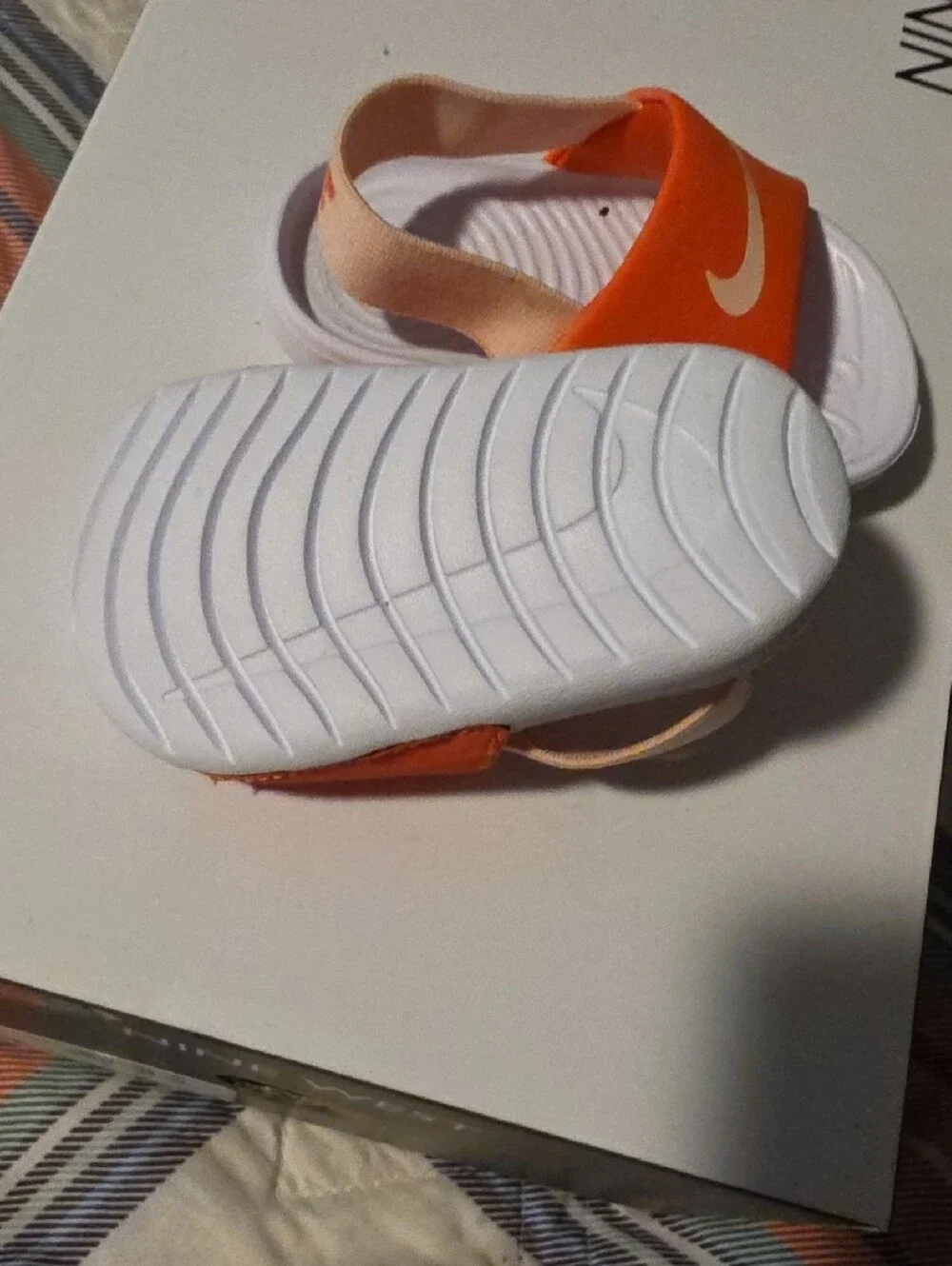 Nike Kids Pinkish-Orange and White Slide Sandals with Elastic Heel, Size 4c